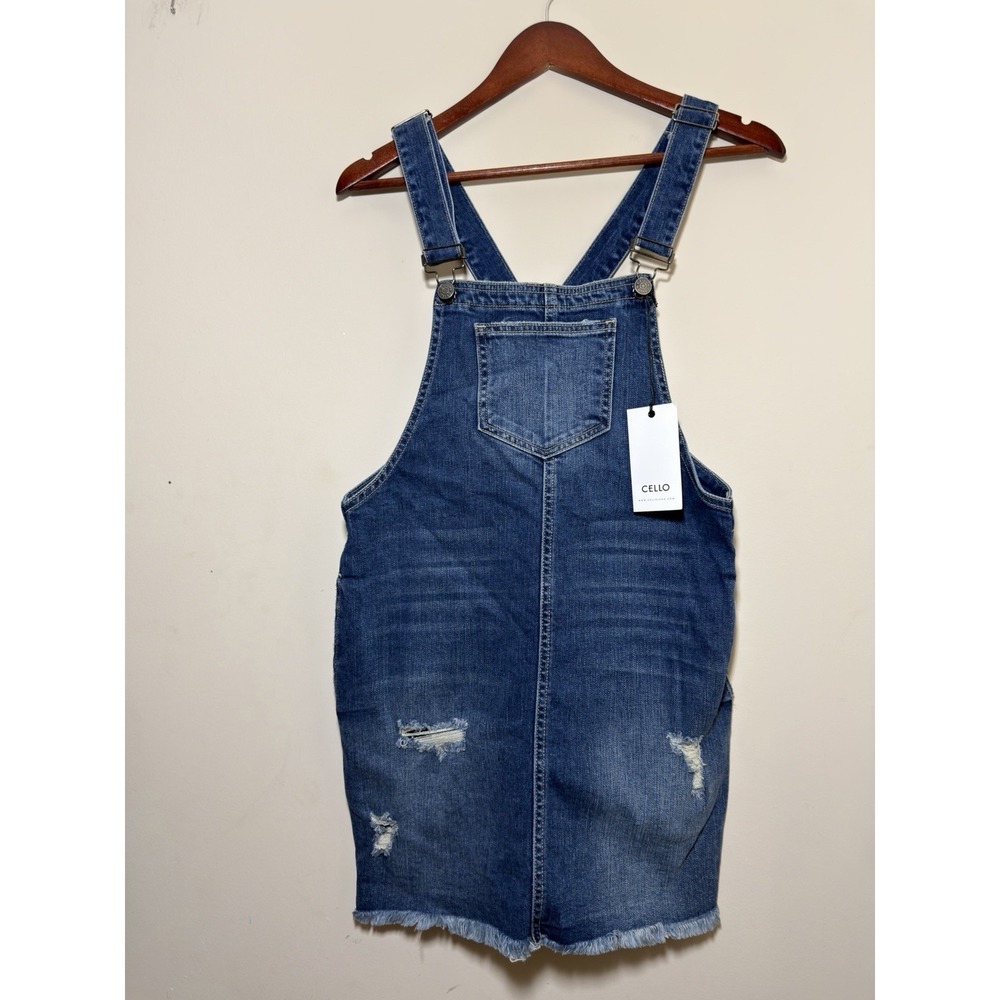 NWT Cello Distressed Jean Overall Dress Size M Fringe Frayed Skater Boho Hiphop